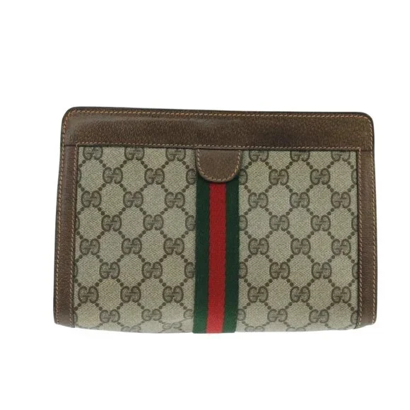 GUCCI GG Supreme Web Sherry Line Clutch Bag PVC Beige Red